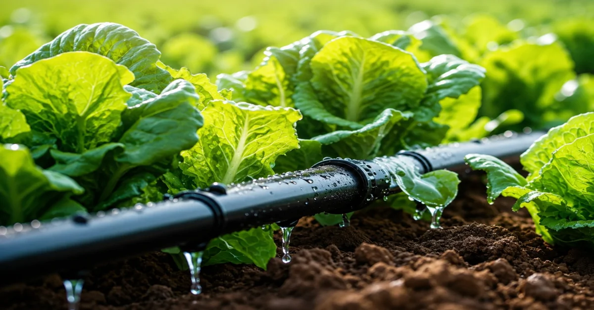 Sistema de riego por goteo en cultivo agrícola con plantas verdes y tuberías de distribución de agua